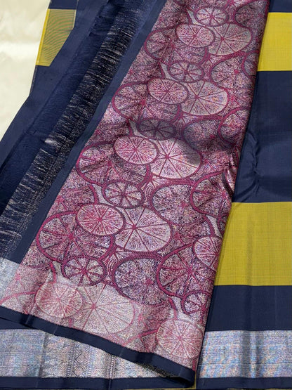 Pure silk Kanchipuram saree with mustard yellow and olive green checks – close-up
