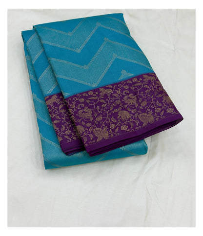 Pure Silk Saree - Aqua Blue with Purple Contrast Border and Woven Chevron Body front view