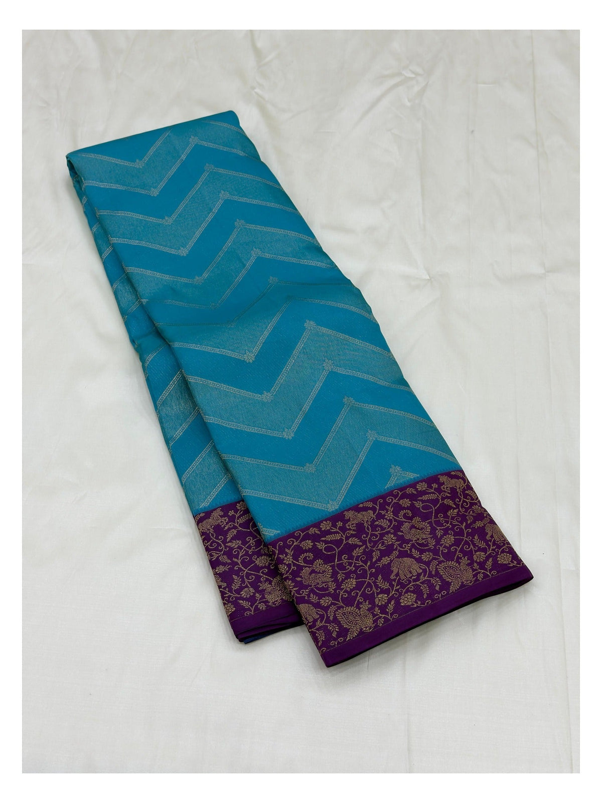 Pure Silk Saree - Aqua Blue with Purple Contrast Border and Woven Chevron Body