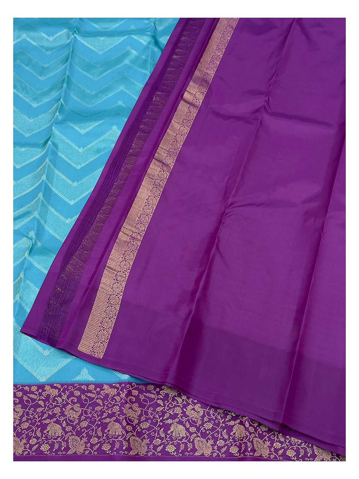 Pure Silk Saree - Aqua Blue with Purple Contrast Border and Woven Chevron Body