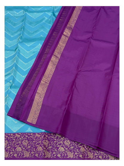 Pure Silk Saree - Aqua Blue with Purple Contrast Border and Woven Chevron Body