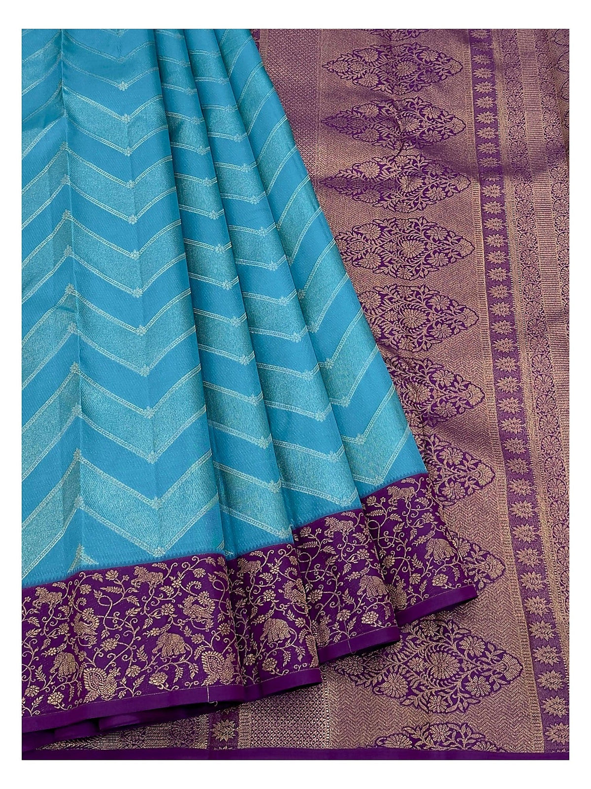 Pure Silk Saree - Aqua Blue with Purple Contrast Border and Woven Chevron Body