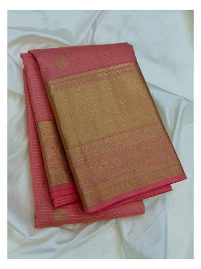 Pure Silk Saree - Coral Pink with Gold Zari Border front view