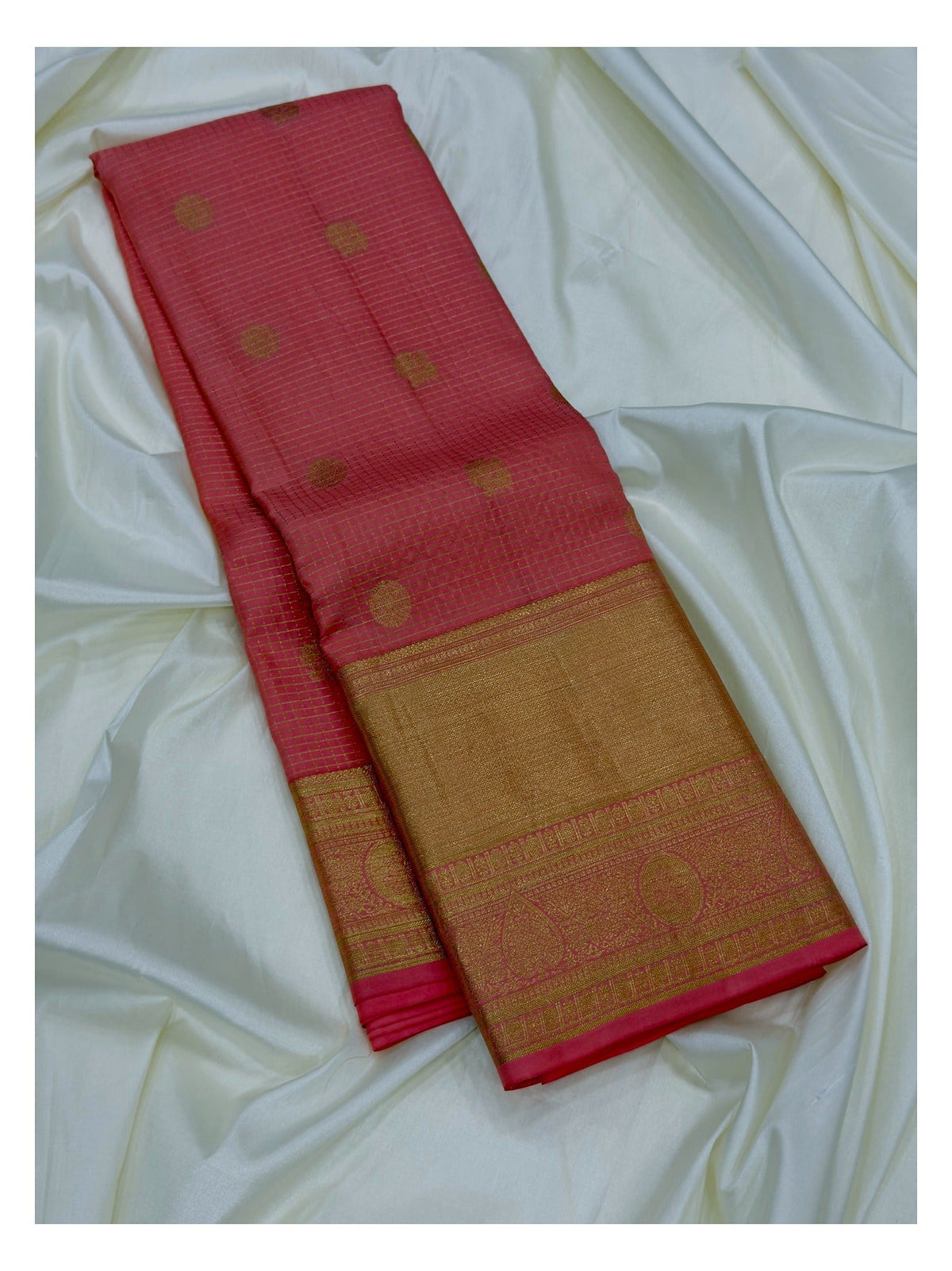 Pure Silk Saree - Coral Pink with Gold Zari Border