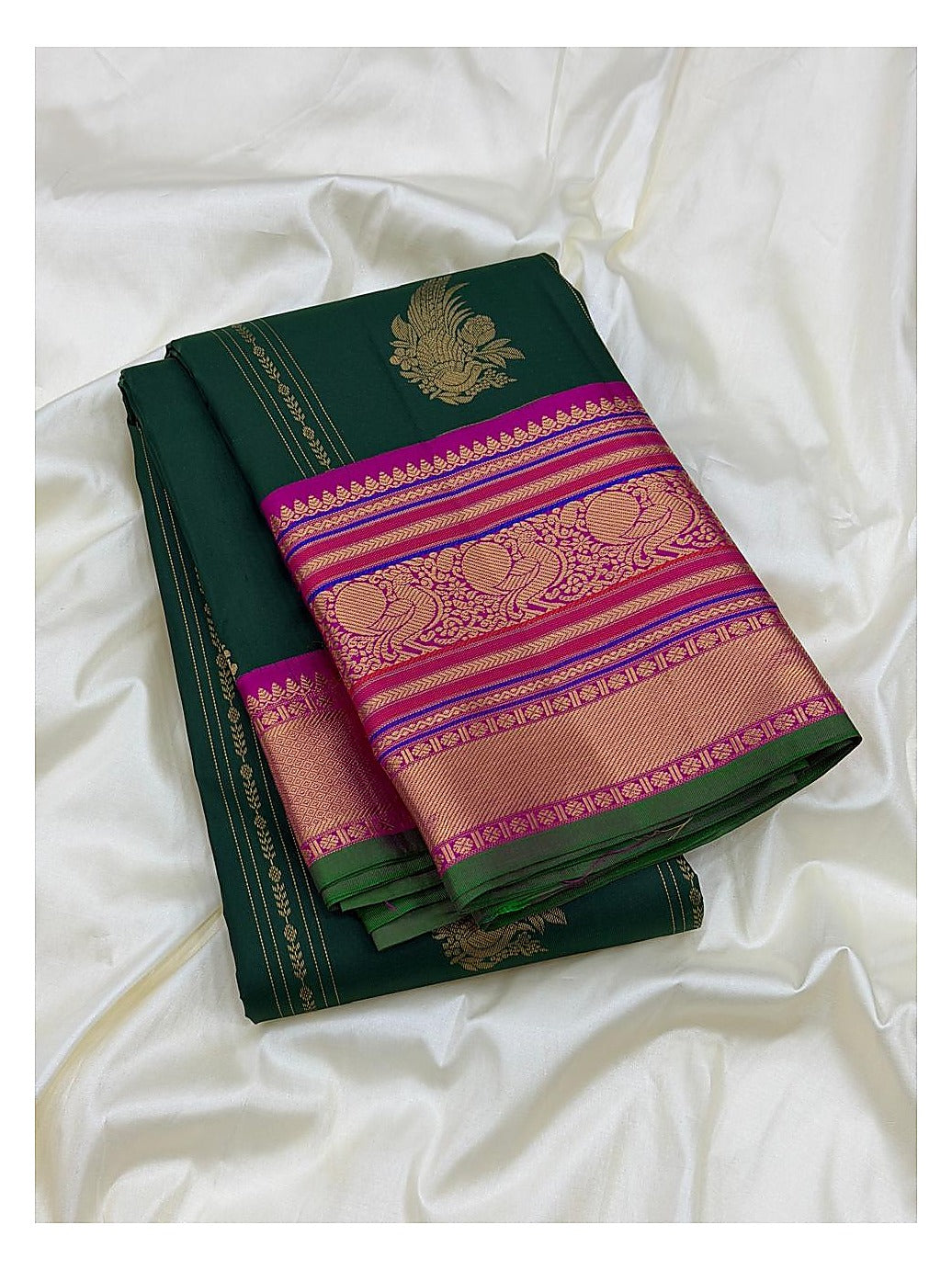 Pure Silk Saree - Deep Green with Magenta Peacock Border front view