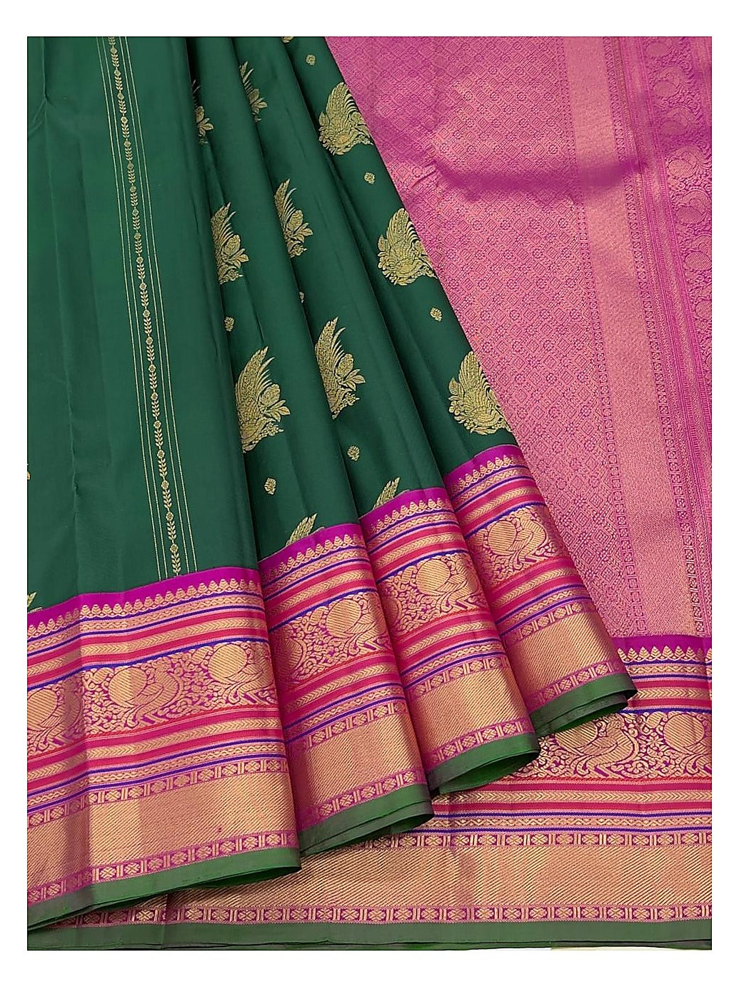 Pure Silk Saree - Deep Green with Magenta Peacock Border front view