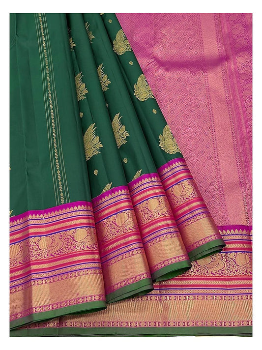 Pure Silk Saree - Deep Green with Magenta Peacock Border front view