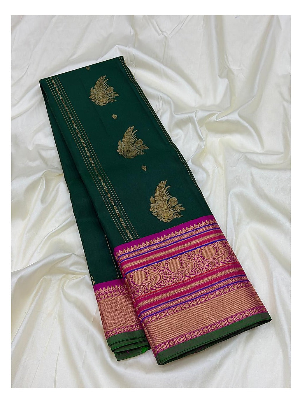 Pure Silk Saree - Deep Green with Magenta Peacock Border
