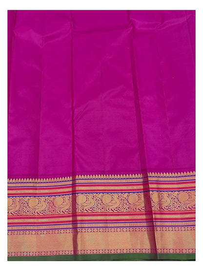Pure Silk Saree - Deep Green with Magenta Peacock Border