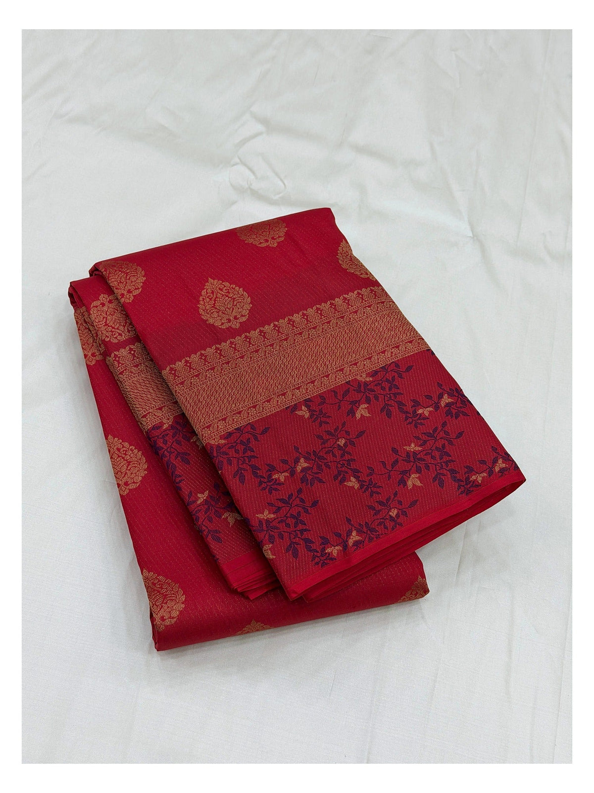 Pure Silk Saree in Crimson Red with Gold Buttas and Floral Vine Border front view