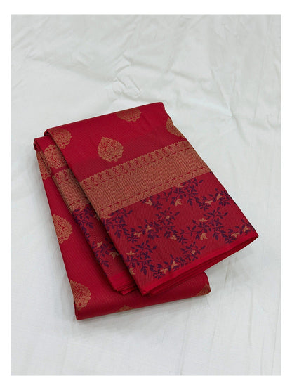 Pure Silk Saree in Crimson Red with Gold Buttas and Floral Vine Border front view