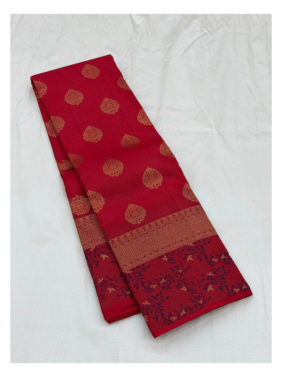 Pure Silk Saree in Crimson Red with Gold Buttas and Floral Vine Border