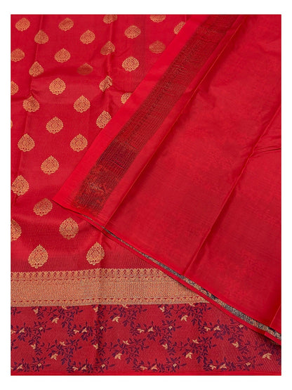 Pure Silk Saree in Crimson Red with Gold Buttas and Floral Vine Border