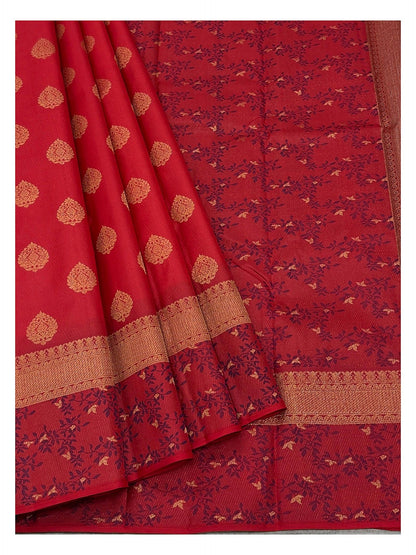Pure Silk Saree in Crimson Red with Gold Buttas and Floral Vine Border
