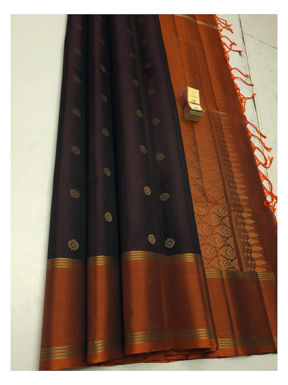Pure Silk Saree in Deep Wine with Rust Orange Border and Contrast Pallu front view