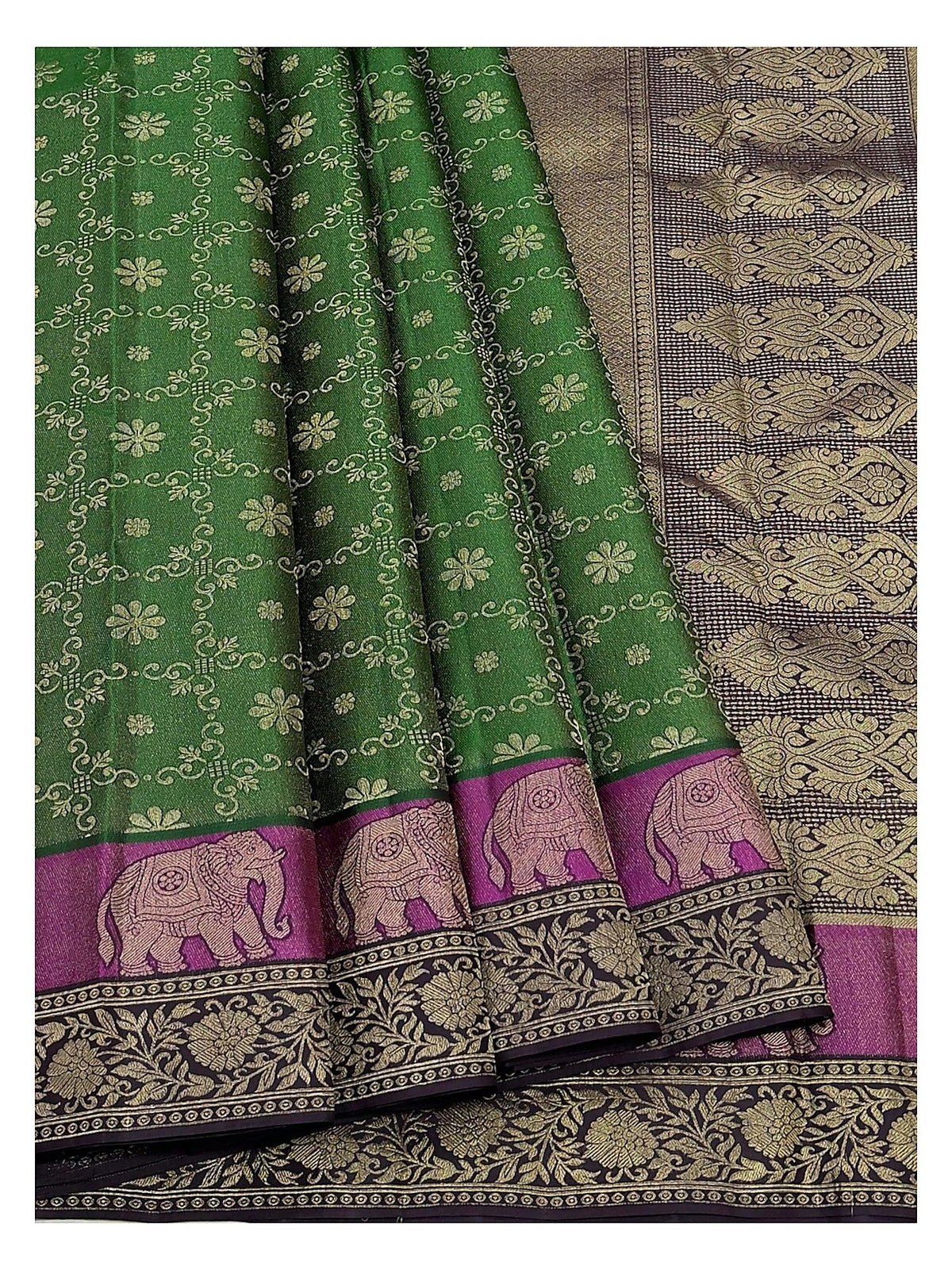 Pure Silk Saree in Emerald Green with Magenta Elephant Border and Deep Violet Pallu