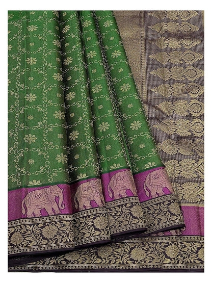 Pure Silk Saree in Emerald Green with Magenta Elephant Border and Deep Violet Pallu
