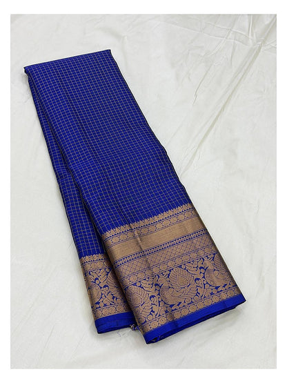 Pure Silk Saree in Royal Blue with Gold Zari Checks and Peacock Border