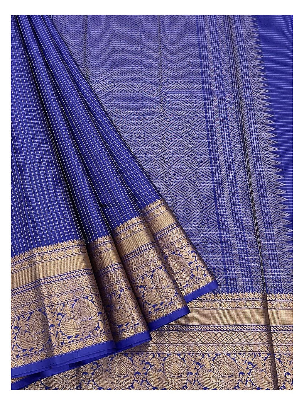 Pure Silk Saree in Royal Blue with Gold Zari Checks and Peacock Border