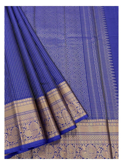 Pure Silk Saree in Royal Blue with Gold Zari Checks and Peacock Border