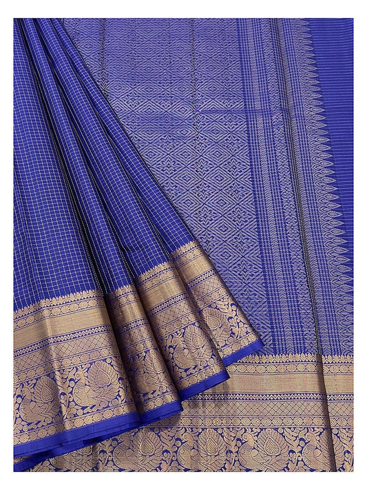 Pure Silk Saree in Royal Blue with Gold Zari Checks and Peacock Border