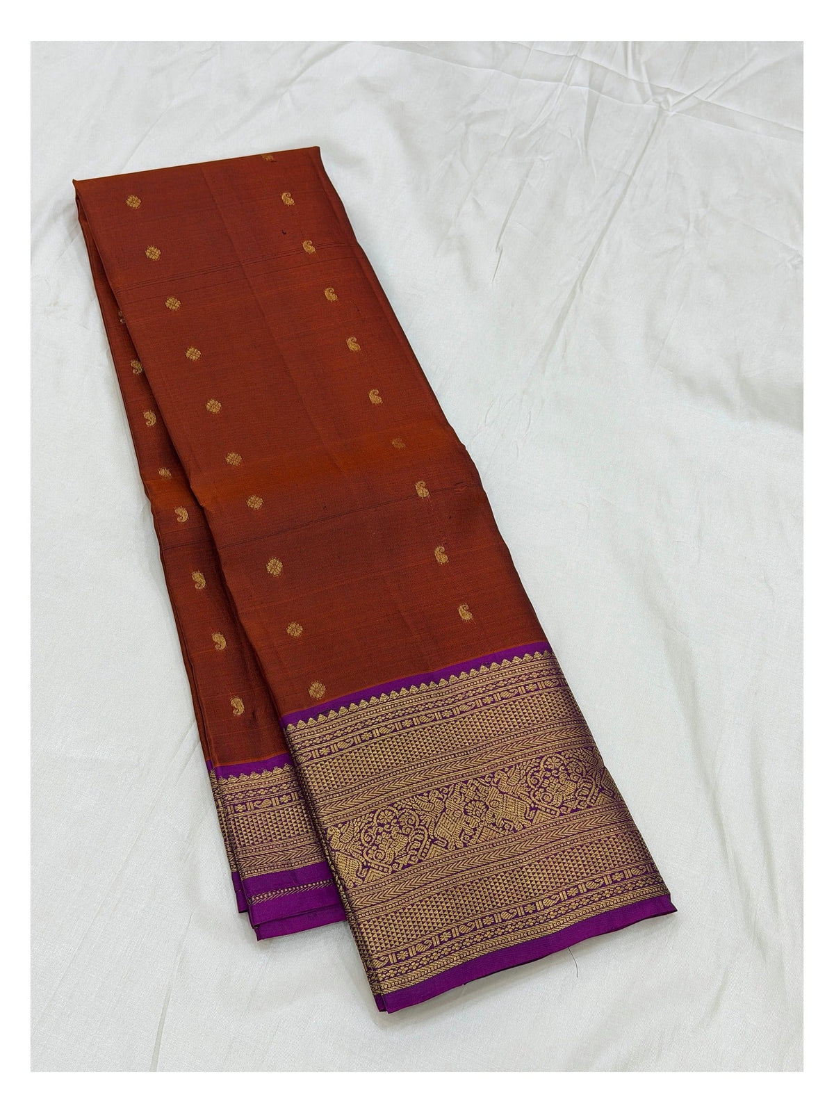 Pure Silk Saree in Rust Brown with Magenta Zari Border