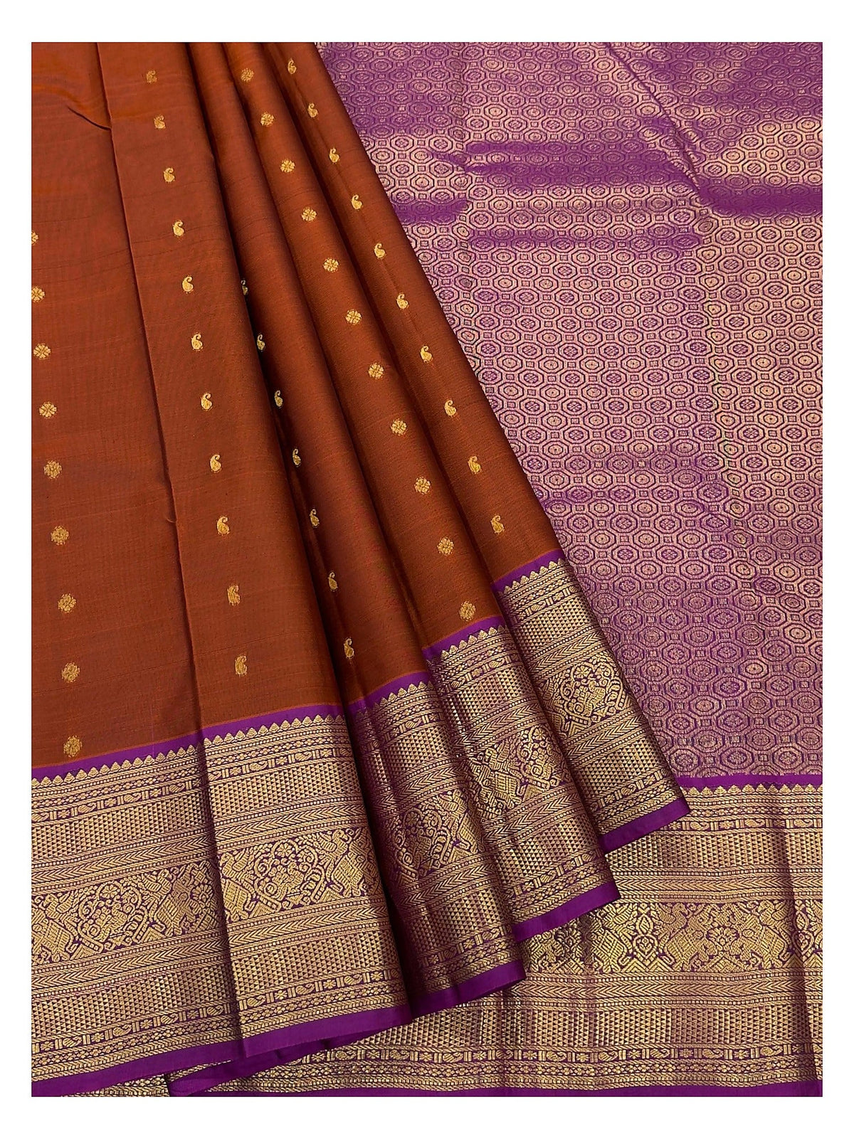 Pure Silk Saree in Rust Brown with Magenta Zari Border