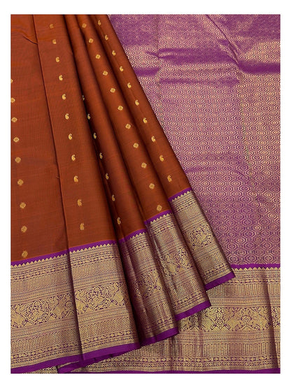 Pure Silk Saree in Rust Brown with Magenta Zari Border
