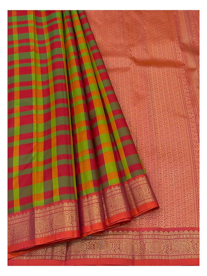 Pure Silk Saree - Multicolour Checks with Coral Zari Border