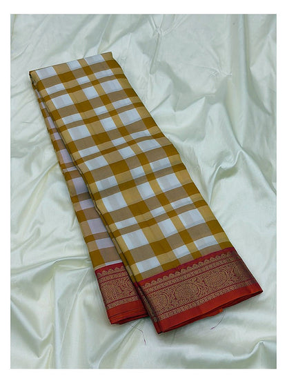 Pure Silk Saree - Mustard and Ivory Checks with Magenta Zari Border