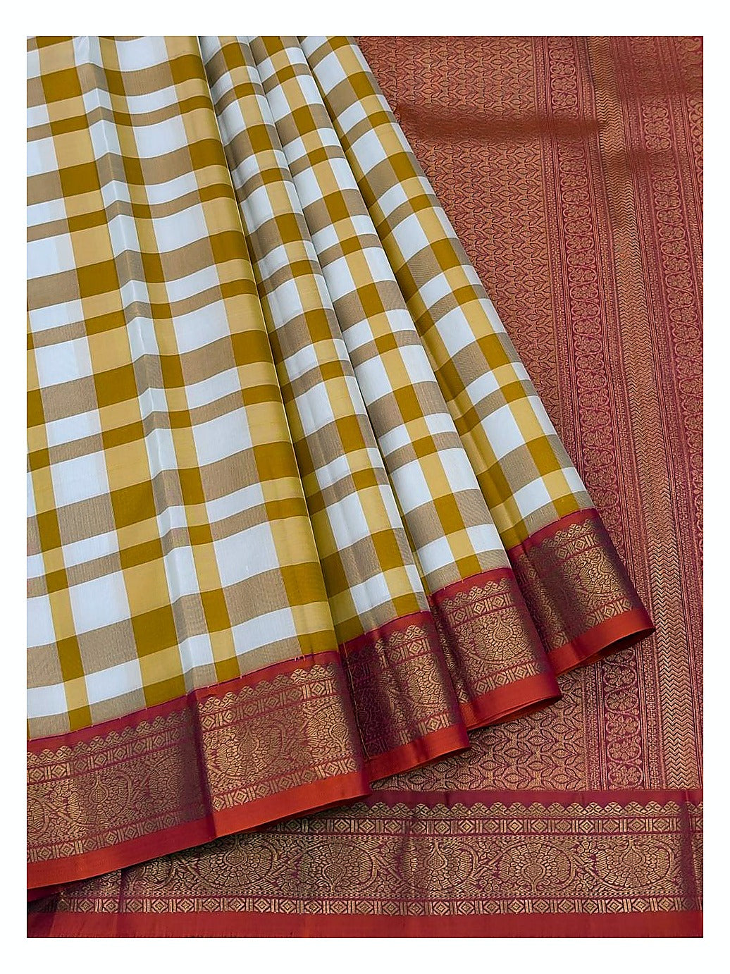 Pure Silk Saree - Mustard and Ivory Checks with Magenta Zari Border