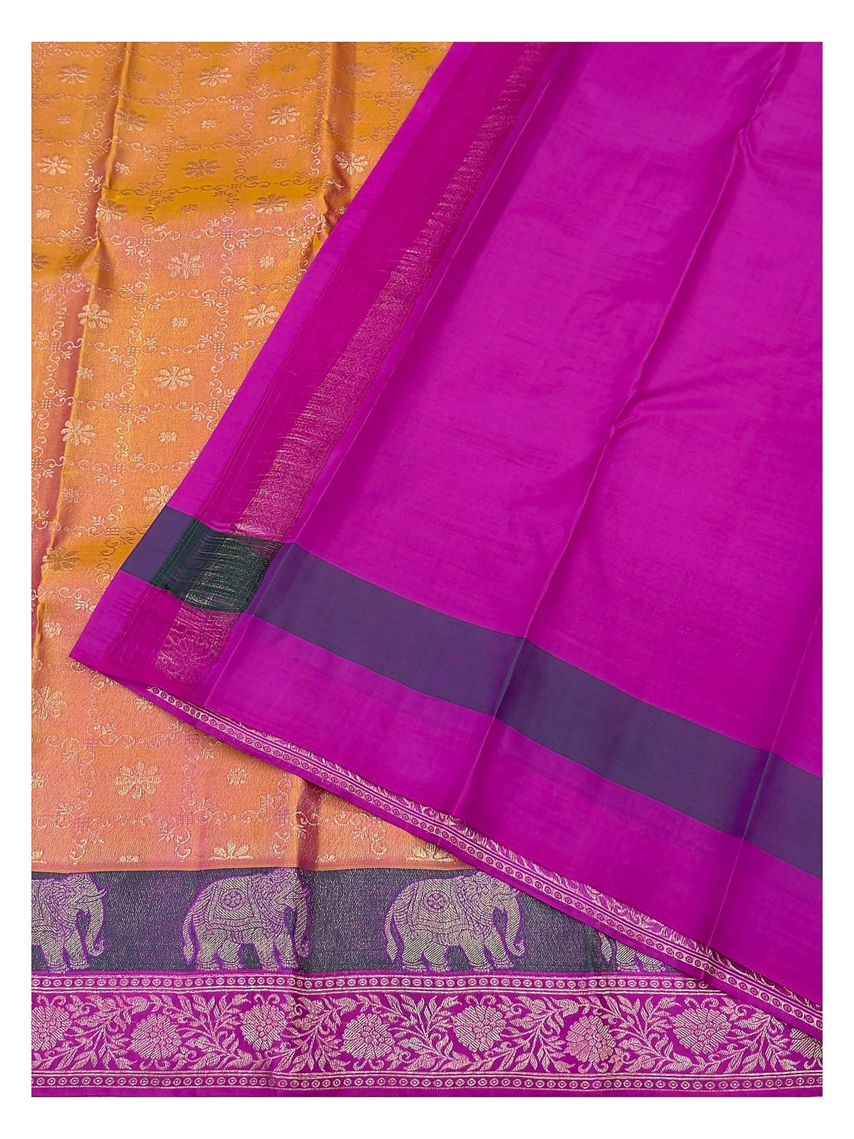 Mustard pure silk saree with bright magenta pallu and elephant motif floral border