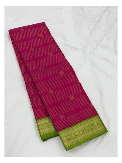 Pure Silk Saree - Rani Pink with Green Zari Border