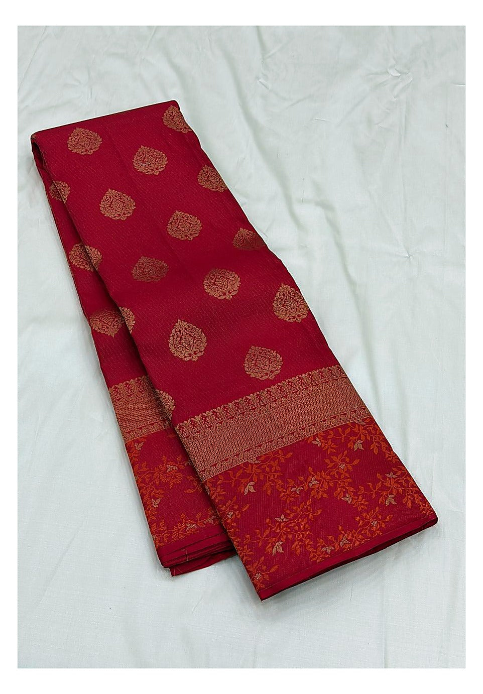 Pure Silk Saree - Red with Gold-Toned Buttas and Floral Pallu