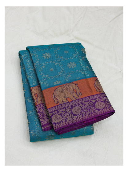 Pure Silk Saree - Teal Blue with Elephant Border and Purple Pallu front view