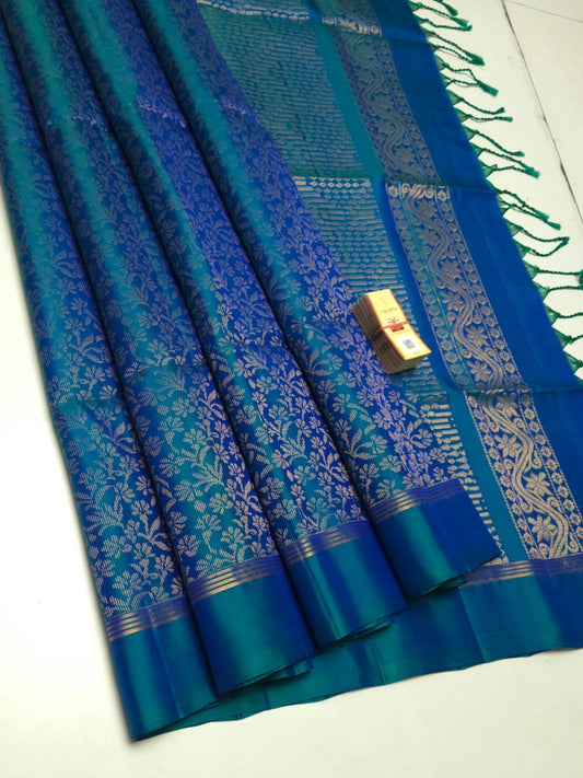 Dual-tone Peacock Blue Pure Silk Saree with Floral Zari Weaving