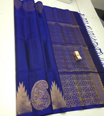 Royal Blue Pure Silk Saree with Peacock Motif & Rich Zari Weaving