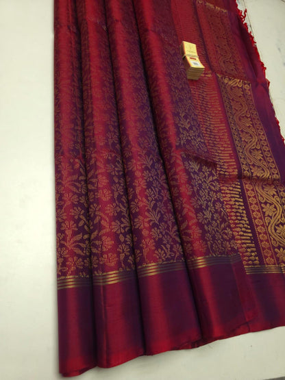 Pure Soft Silk Saree – Dual Tone Maroon Wine with Gold Zari Floral Weave | Silk Mark Certified