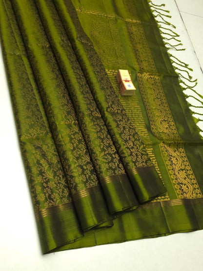 Pure Soft Silk Saree – Olive Green with Gold Zari Floral Weave | Silk Mark Certified