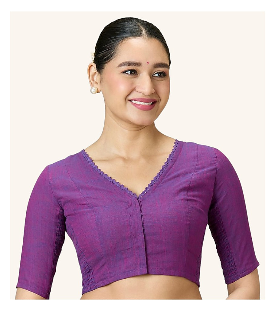 Purple Cotton Smocked Ready-Made Saree Blouse - V Neck with Elbow Sleeves front view