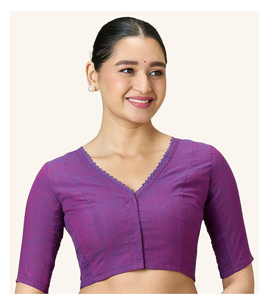 Purple Cotton Smocked Ready-Made Saree Blouse - V Neck with Elbow Sleeves front view