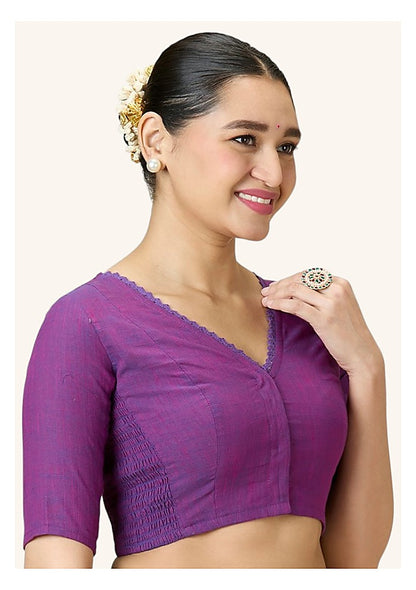 Purple Cotton Smocked Ready-Made Saree Blouse - V Neck with Elbow Sleeves