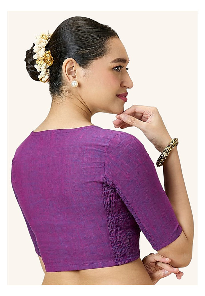 Purple Cotton Smocked Ready-Made Saree Blouse - V Neck with Elbow Sleeves
