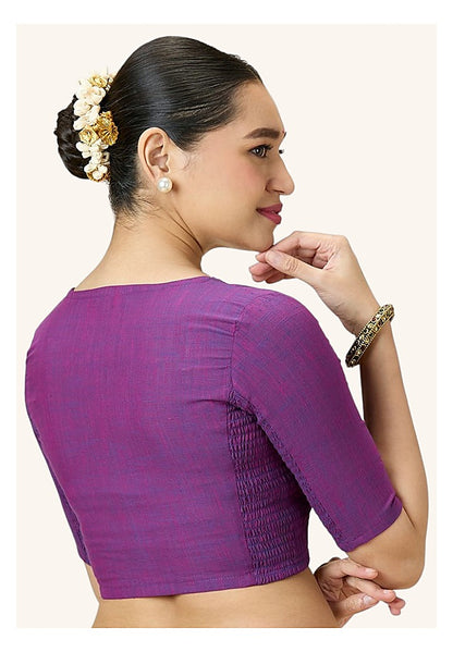 Purple Cotton Smocked Ready-Made Saree Blouse - V Neck with Elbow Sleeves