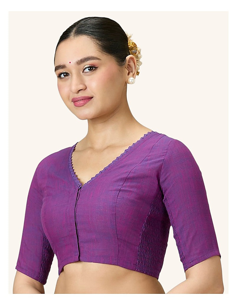 Purple Cotton Smocked Ready-Made Saree Blouse - V Neck with Elbow Sleeves