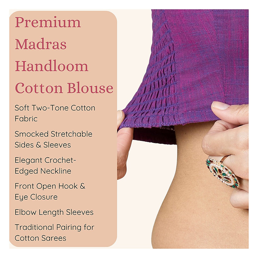 Purple Cotton Smocked Ready-Made Saree Blouse - V Neck with Elbow Sleeves