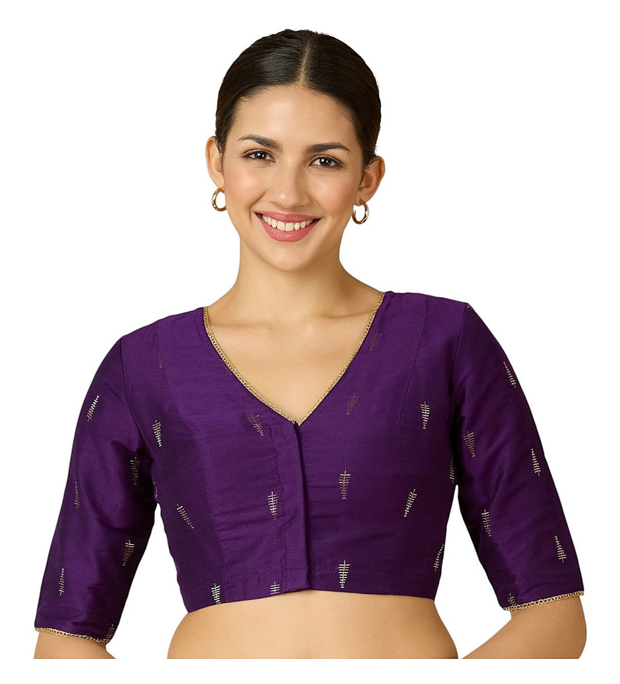 Purple Handloom Cotton Silk Ready-Made Blouse - V Neck with Elbow Sleeves front view