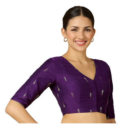 Purple Handloom Cotton Silk Ready-Made Blouse - V Neck with Elbow Sleeves