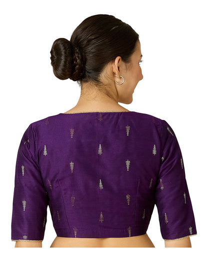 Purple Handloom Cotton Silk Ready-Made Blouse - V Neck with Elbow Sleeves
