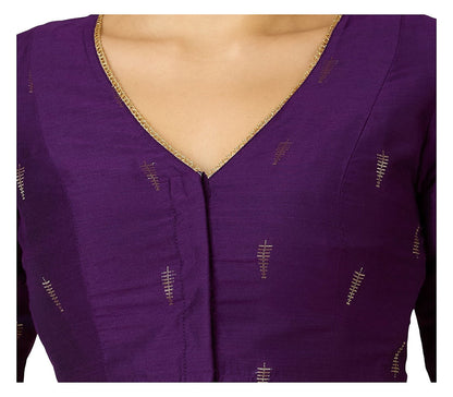 Purple Handloom Cotton Silk Ready-Made Blouse - V Neck with Elbow Sleeves